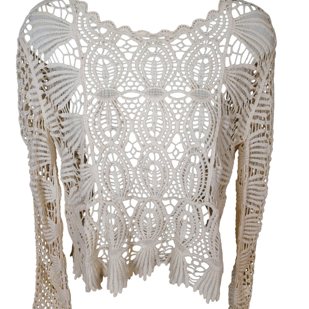 Crochet Openwork Long-Sleeve Blouse - Cream